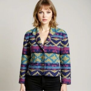 Vintage Aztec Tribal Southwestern Boho Leslie Fay Wool Blend Cropped Jacket Rare